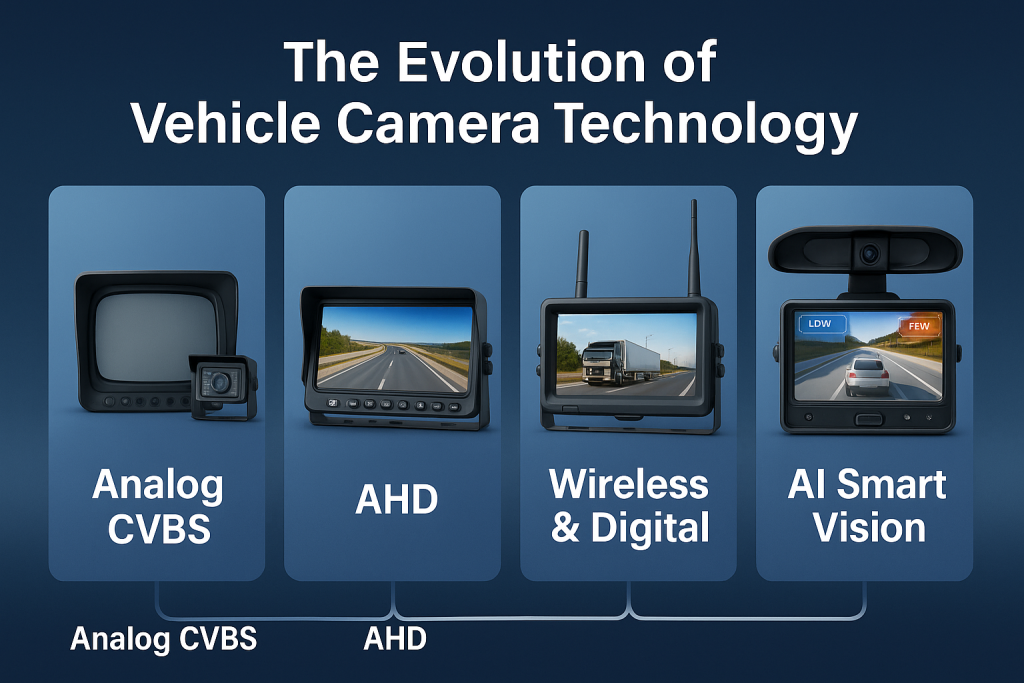 Timeline showing evolution of vehicle camera systems from analog CVBS to AHD, wireless, and AI smart vision.